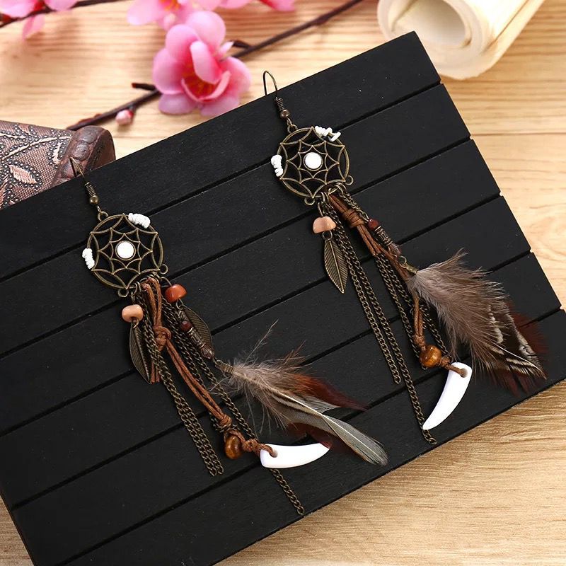 Boho Vintage Colorful Feather Tassel Dangle Drop Earrings | Consonak