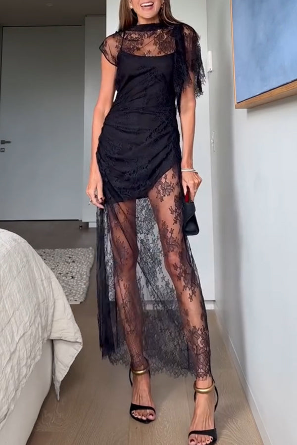 Romantic Statement Lace One Shoulder Bell Sleeve Asymmetrical Maxi Dress-consonak