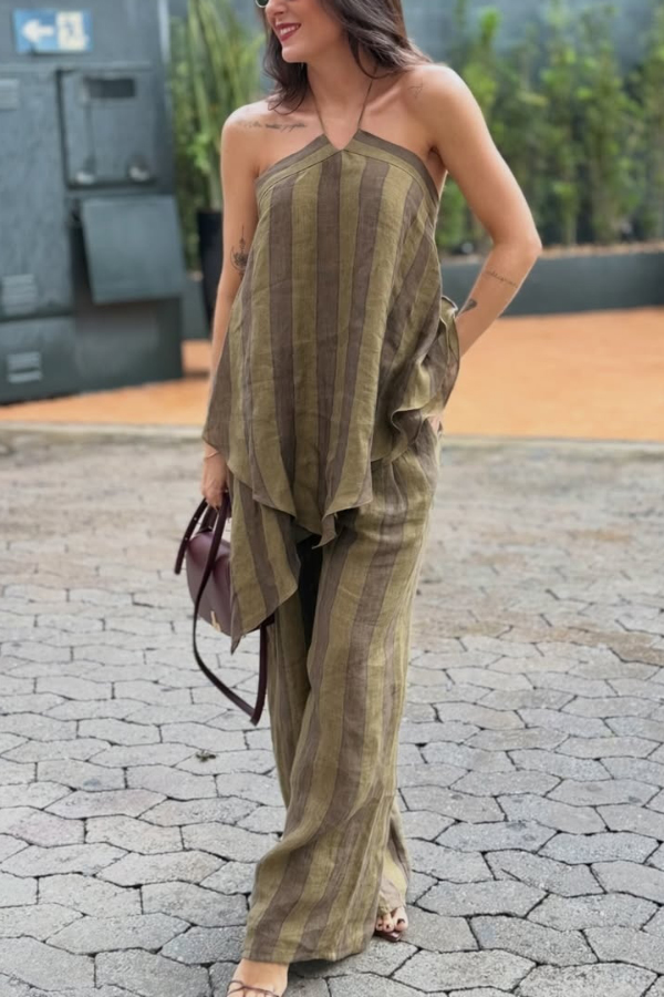 Striped Printed Halter Neck Sleeveless Asymmetrical Top and Elastic Waist Pocket Casual Wide-leg Pants Set