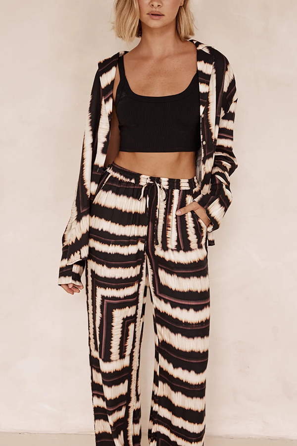 Planning Trips Satin Tie Dye Unique Print Button Down Oversized Blouse-consonak