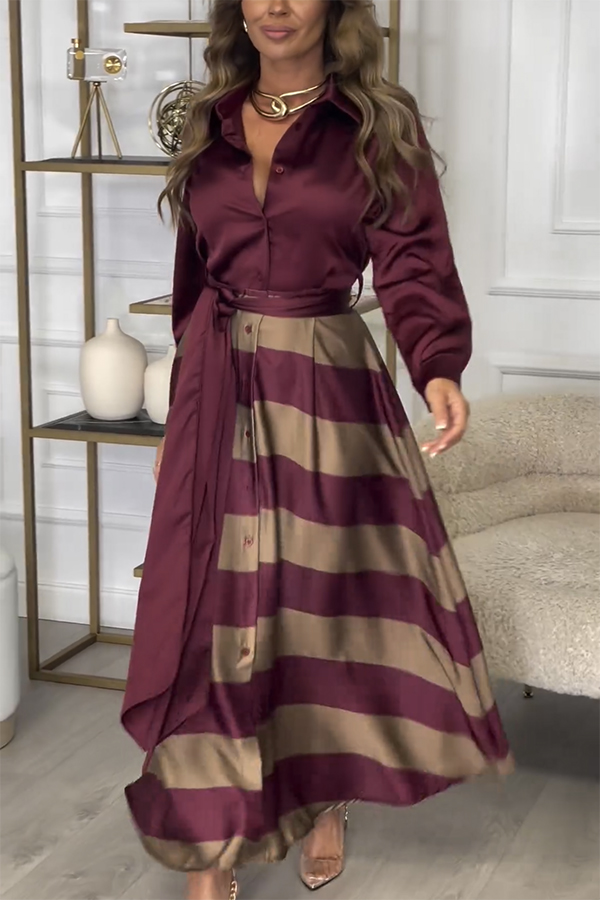 Lindsey Satin Colorblock Contrast Long Sleeve Belted Shirt Maxi Dress-consonak