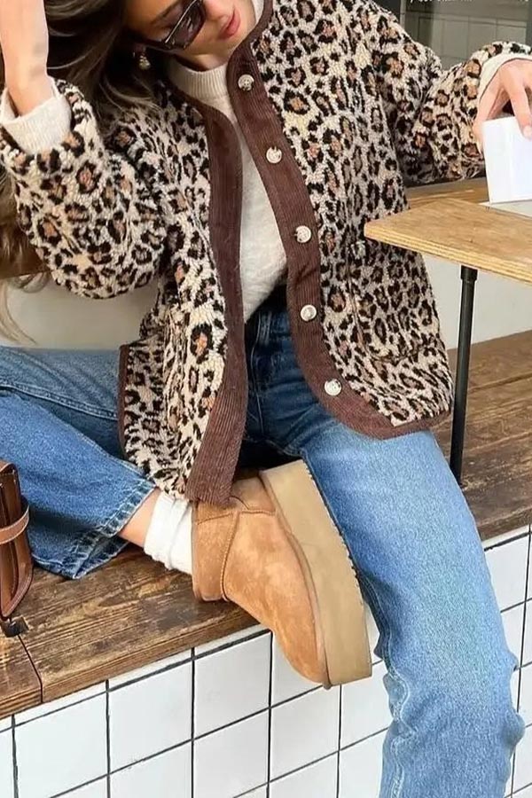 Warm Feel Colorblock Leopard Print Plush Button Up Pocketed Teddy Jacket-consonak