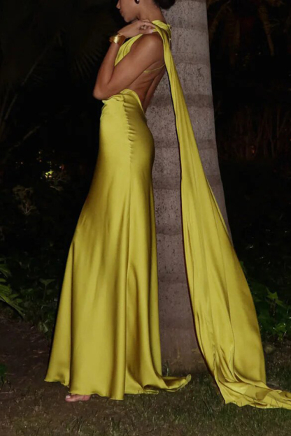 Crush on You Satin One Shoulder Backless Cape Maxi Dress-consonak