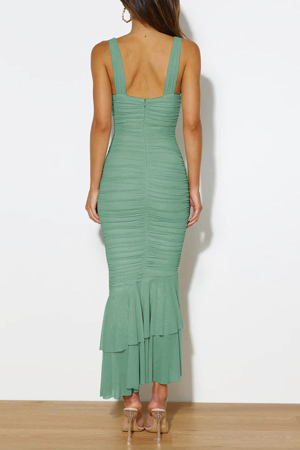 Solid Color High Waist Pleated Mermaid Dress-consonak