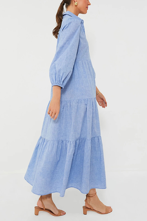 Solid Color Lapel Elastic Cuffs Loose Maxi Dress-consonak