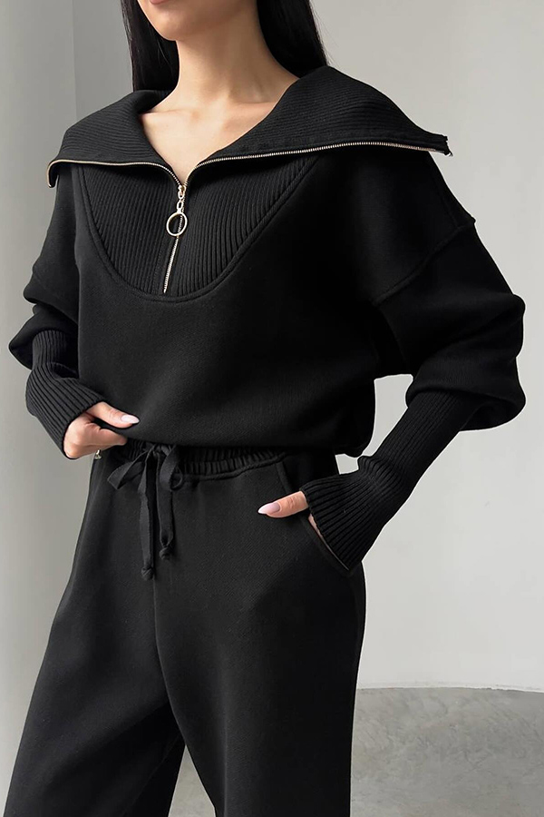 Solid Color Long-sleeved Zip-up Sweatshirt and Elastic Waist Loose Pocket Pants Set-consonak