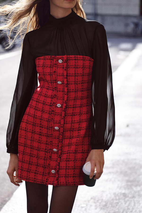 Festive Elegance Tulle Plaid Tweed Patchwork Balloon Sleeve Mini Dress-consonak