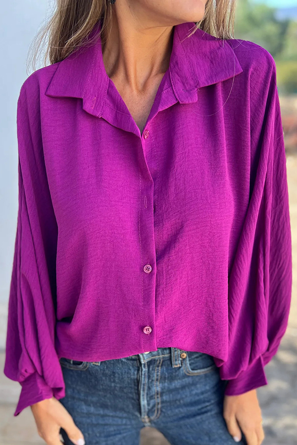 Solid Color Loose Batwing Sleeve Buttoned Casual Shirt-consonak