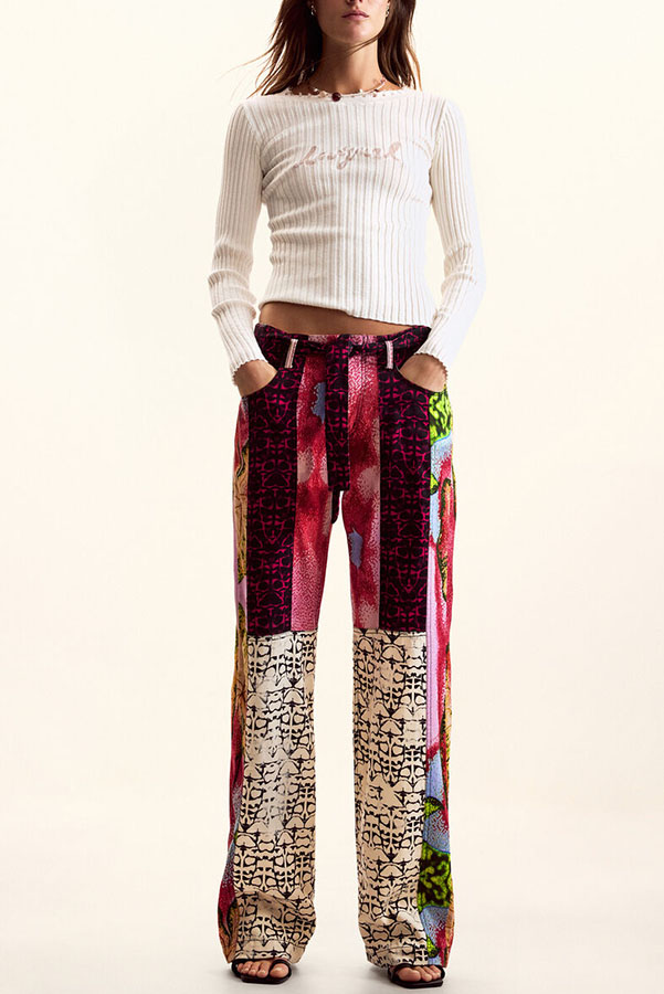 Fashion Patchwork-style Print Mid Rise Elastic Waist Pocket Straight Drape Pants