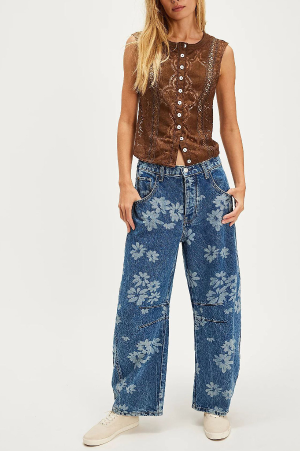 Fashionable Printed Casual Loose Mid-rise Pocket Leg Jeans