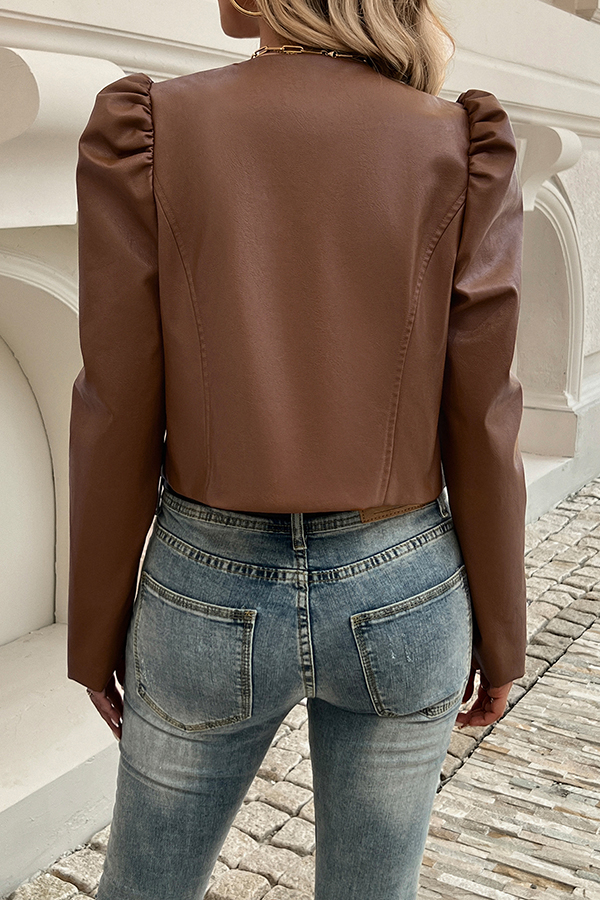 Yelissa Faux Leather Statement Long Sleeve Open Front Crop Jacket-consonak