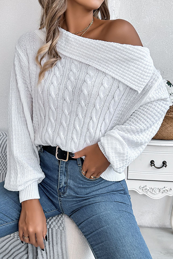 Solid Color Casual One Shoulder Long Sleeve Knitted Sweater-consonak