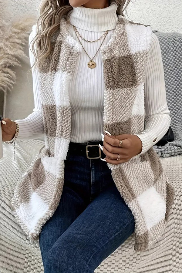 Fashionable Plaid Loose Pocket Sleeveless Jacket-consonak