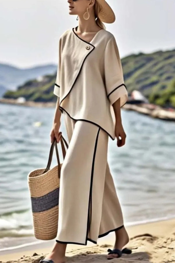 Stylish Color Trim Asymmetrical Casual Top and Elastic Waist and Wide-leg Pant Set-consonak
