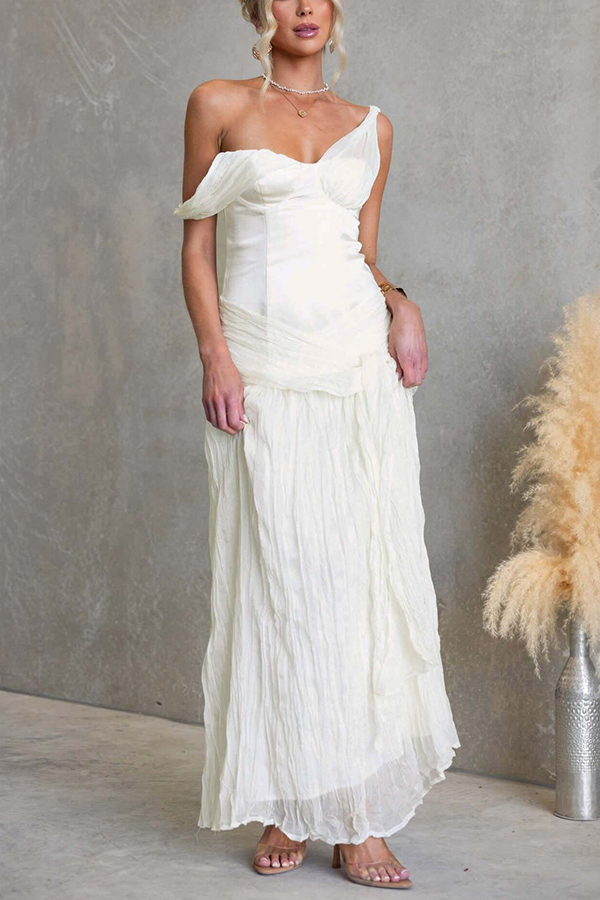 Zariyah Satin Bodice Asymmetric Neck Tie-up Waist Chiffon Hem Maxi Dress-consonak