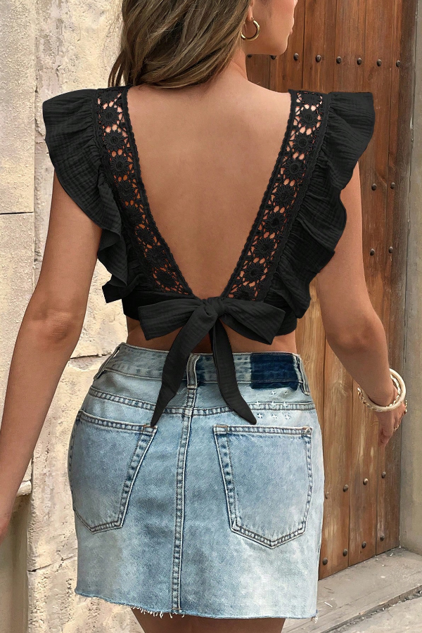 Solid Color Square Neck Lace Trim Slim-fit Cropped Top-consonak