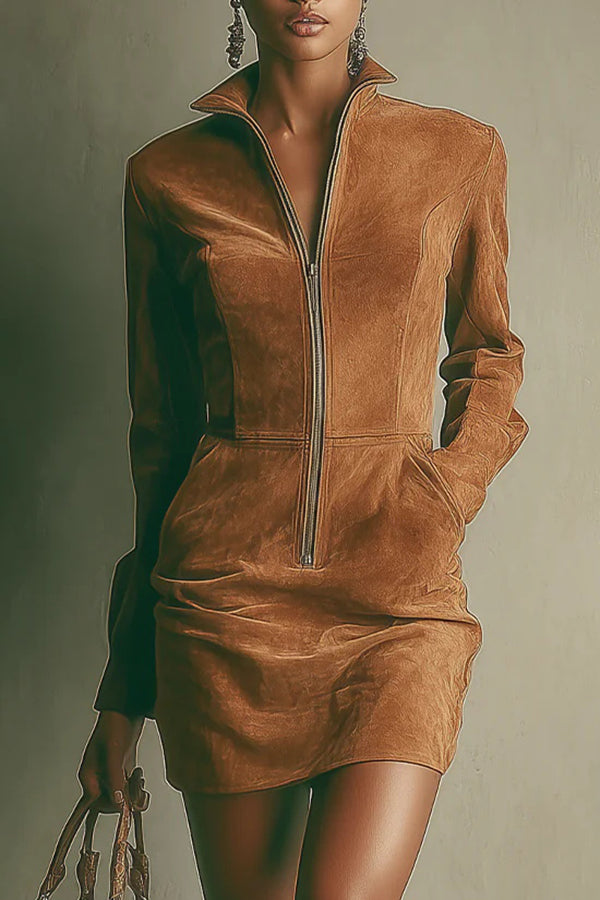 Solid Color Suede Long-sleeved Collared Zippered Casual Pocket Mini Dress-consonak