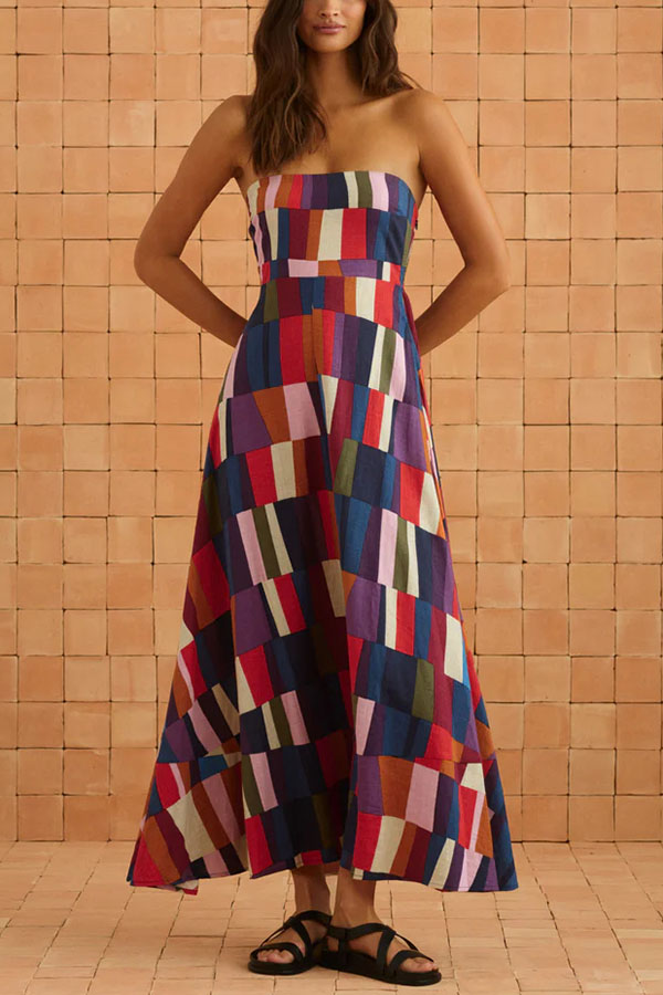 Retro Chic Linen Blend Colorful Color Block Strapless Back Smocked Midi Dress | Consonak