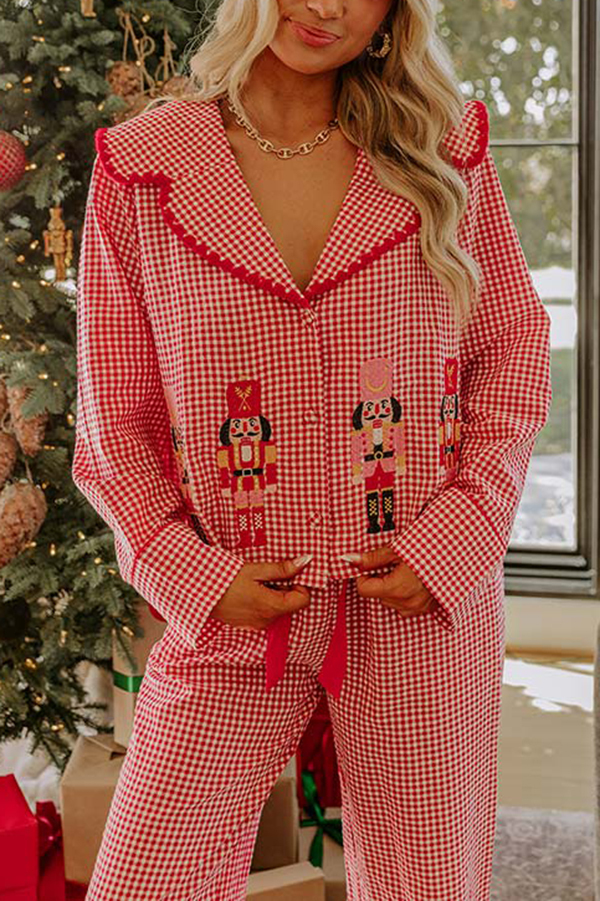 Nutcracker Charm Embroidered Gingham Loose Shirt and Elastic Waist Pajama Set-consonak