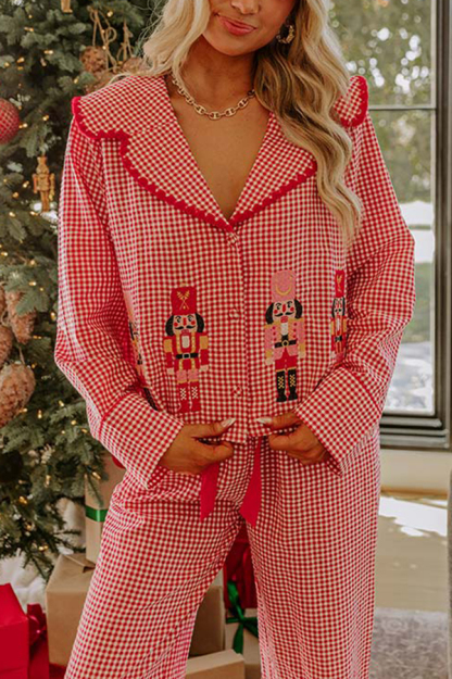 Nutcracker Charm Embroidered Gingham Loose Shirt and Elastic Waist Pajama Set-consonak
