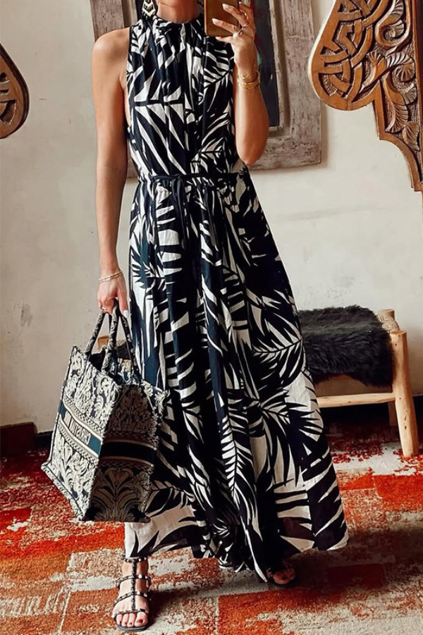 Leaf Print Sleeveless Waist Tie Casual Holiday Maxi Dress