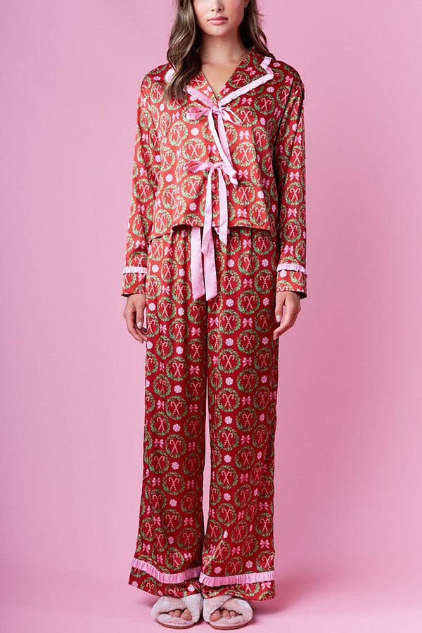 Christmas Print Long-sleeved Tie-waist Loose Top and Elastic Waist Pocket Casual Wide-leg Pants Set-consonak