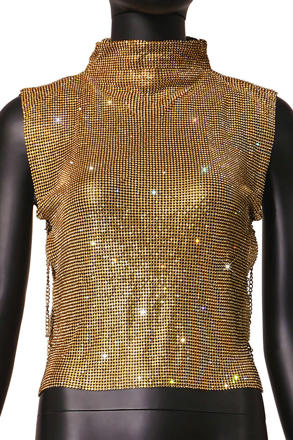 Sexy High-neck Rhinestone Metallic Top-consonak