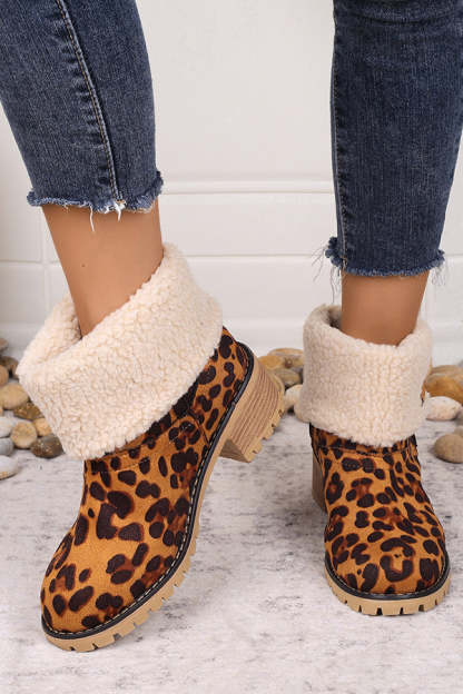 Leopard Print Thick Heel Warm Mid-calf Snow Shoes-consonak