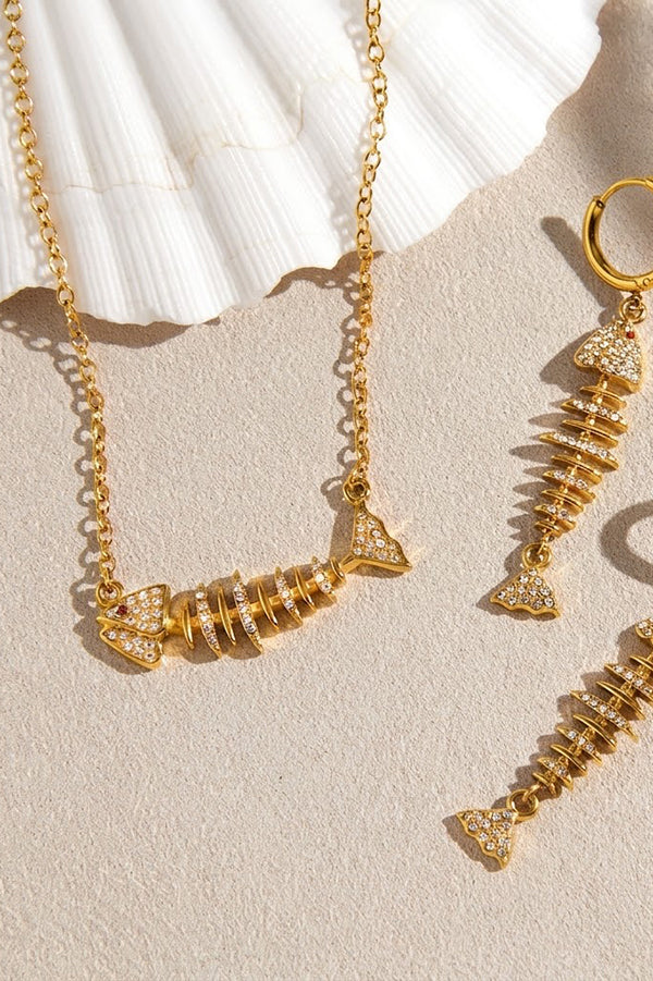 Stylish Rhinestone-accented Fishbone Stud Earrings and Necklace-Consonak
