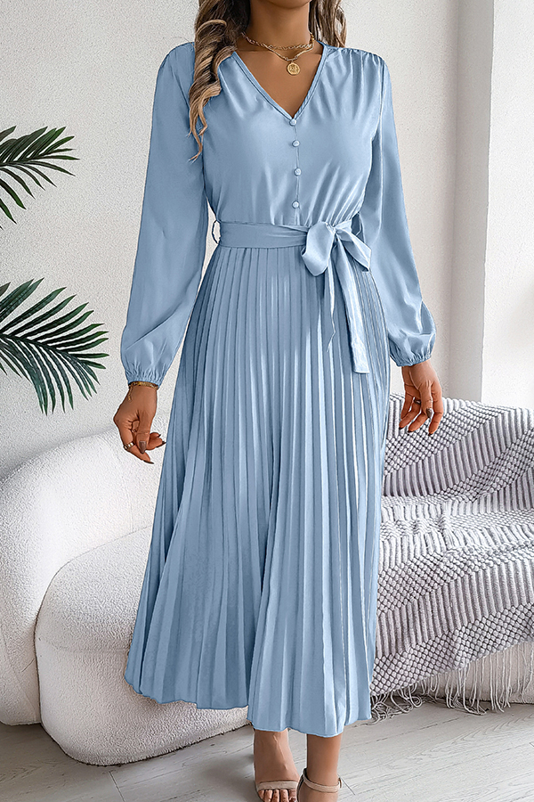 Solid Color Elegant V-neck Buttoned Lace-up Pleated Maxi Dress-consonak