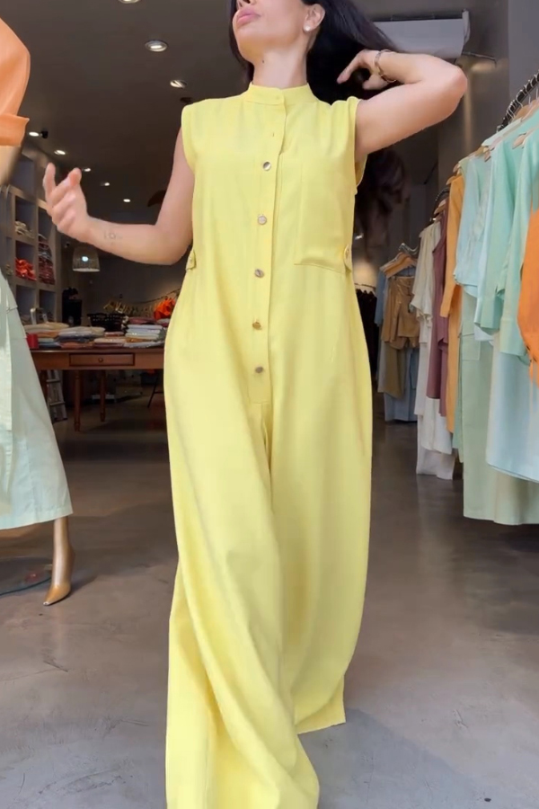 Linen Blend Solid Color Sleeveless Casual Button Loose Wide-leg Jumpsuit