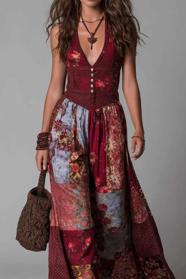 Unique Printed V-neck Sleeveless Fitted Waist Casual Maxi Dress | Consonak