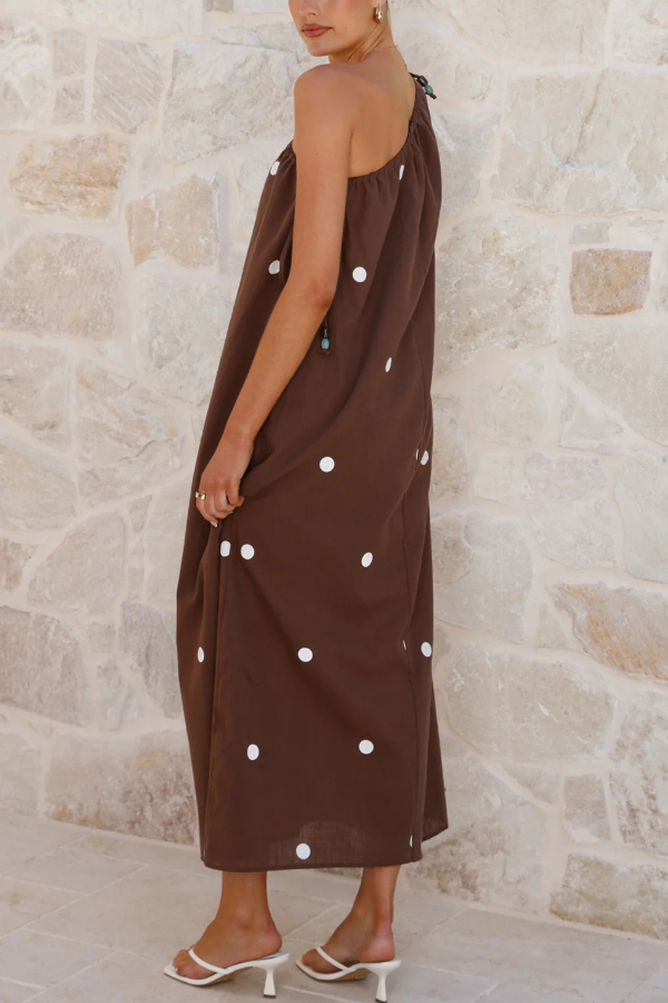 Polka Dot Print Sleeveless One-shoulder Tie-up Casual Vacation Maxi Dress-consonak