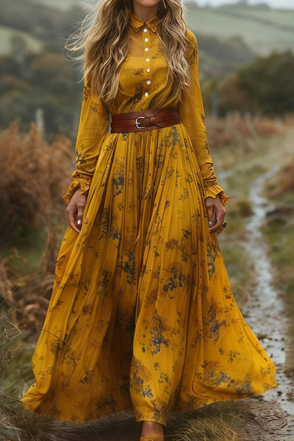 Floral Print Lapel Long-sleeved Belted Holiday Maxi Dress-consonak