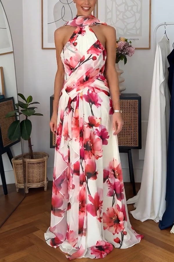 Blooming Petals Chiffon Floral Print Crinkle Cross Front Drape Ruffles Scarf Maxi Dress-consonak