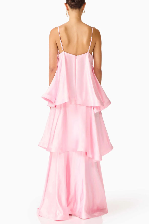 Soft and Smooth Satin Tiered Slip Square Neck A-line Maxi Dress | Consonak