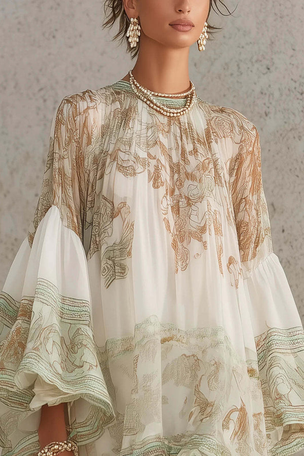 Mini Dress with Flared Sleeves and Printed Ruffles-Consonak