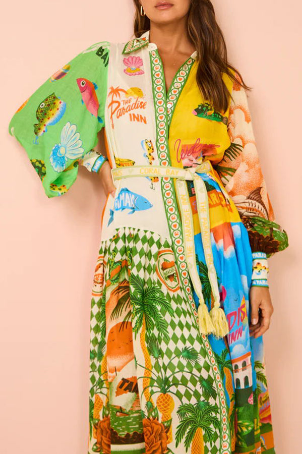 A World of Colour Unique Print Balloon Sleeve Belt Shirt Midi Dress-consonak