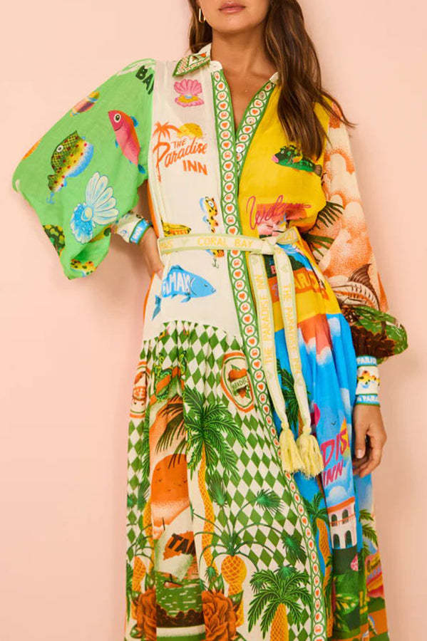 A World of Colour Unique Print Balloon Sleeve Belt Shirt Midi Dress-consonak