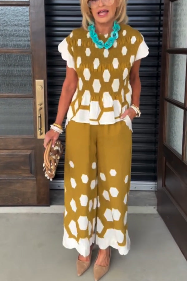 Tied To Charm Polka Dot Smocked Short Sleeve Top And Elastic Waist Pocket Loose Pants Set