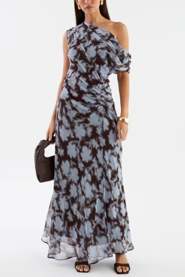 Unique Print Asymmetrical Off-Shoulder Pleated Waist Casual Maxi Dress