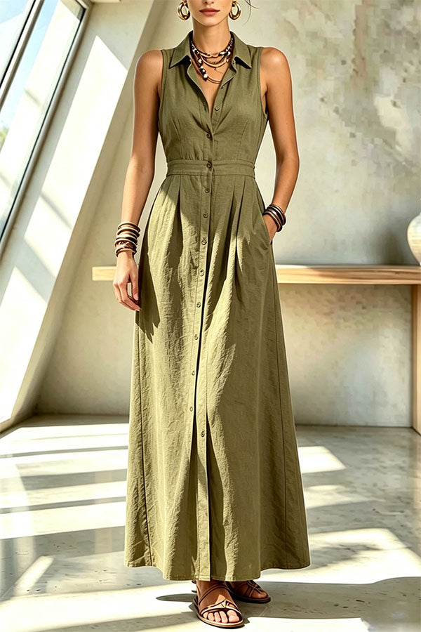 Casual and Stylish Solid Color Button Sleeveless Pocket Shirt Midi Dress-Consonak