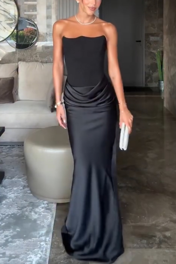 Attend The Gala Strapless Corset Satin Ruched Hip Drape Maxi Dress | Consonak