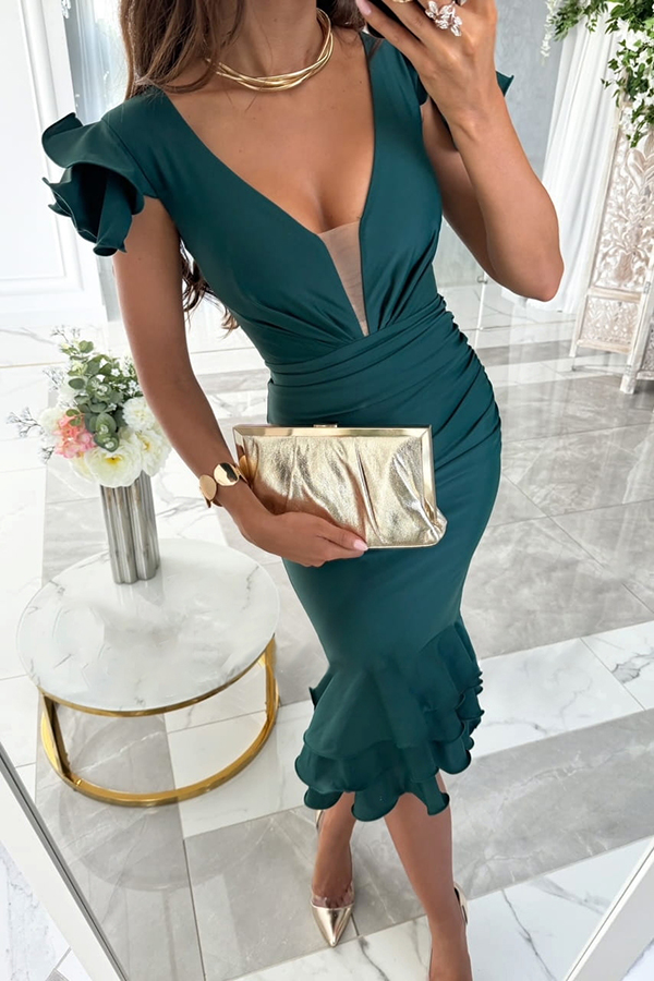 Gala Ready Tiered Ruffle Detail Ruched Formal Midi Dress-consonak