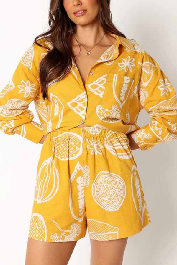 Parkside Pretty Tropical Fruit Print Loose Shirt and Elastic Waist Pocketed Shorts Set-consonak