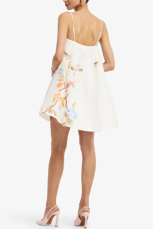 Blossoms Climb Lemon Vine Print Adjustable Straps A-line Mini Dress-consonak