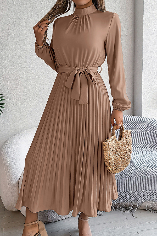 Elegant Stand-collar Long-sleeve Waisted Tie-up Pleated Midi Dress-consonak