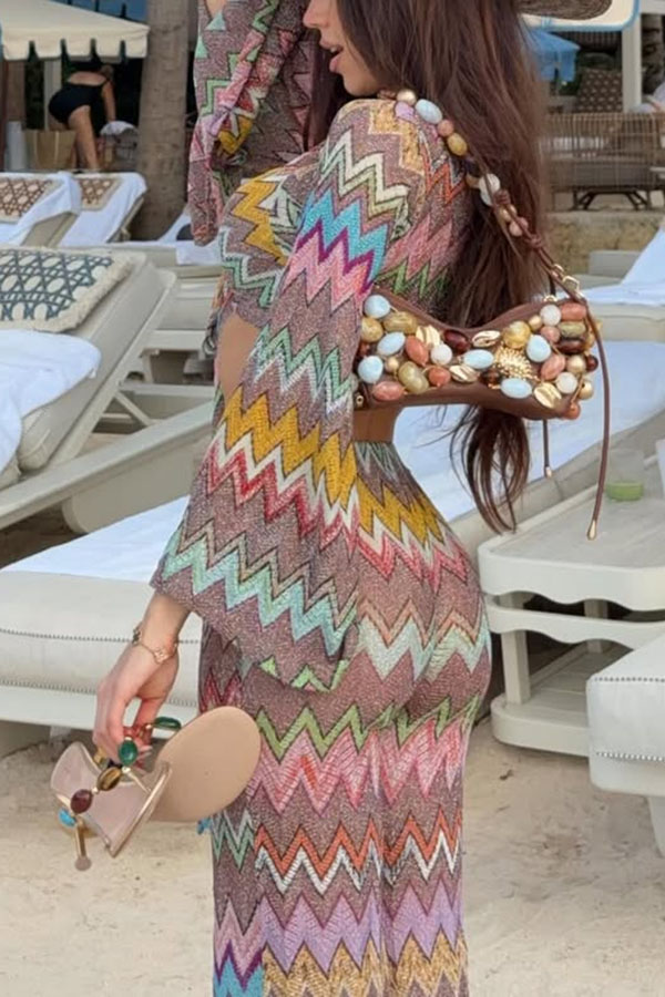St.Tropez Moment Knit Colorful Zigzag Pattern Bell Sleeve Tie-up Crop Top and Stretch Flare Pants Set