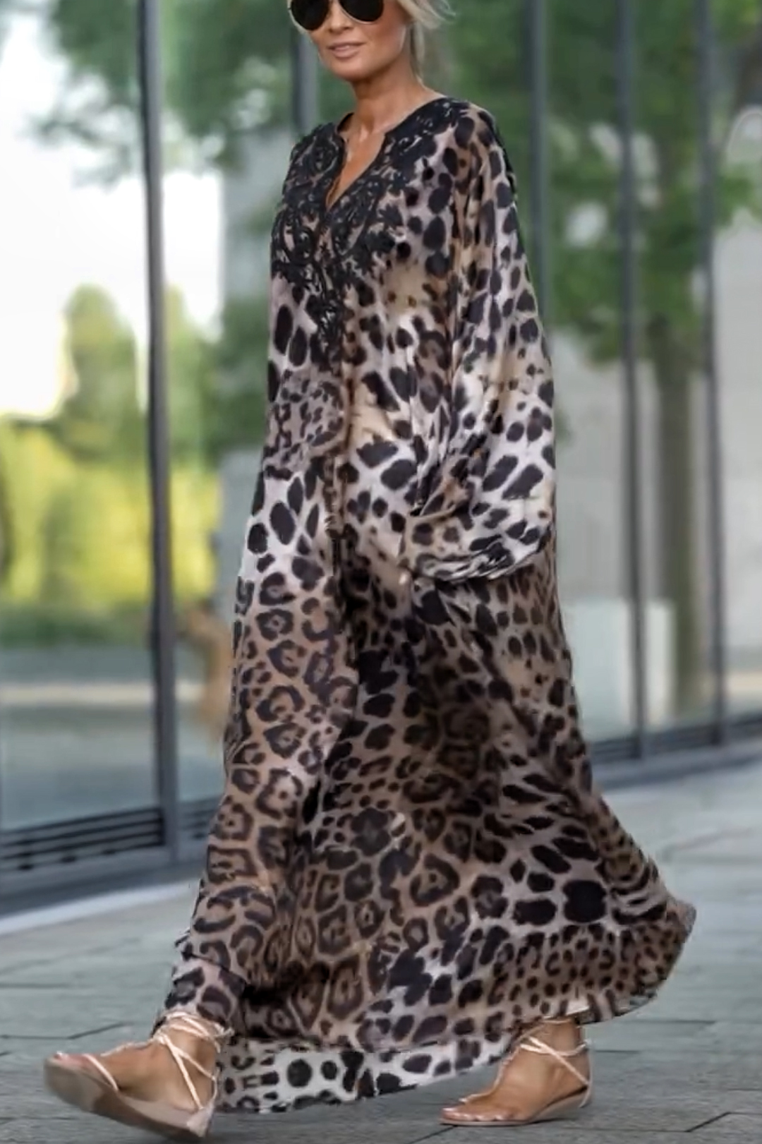 Rayna Lace Mixed Leopard Print Balloon Sleeve A-line Maxi Dress-consonak