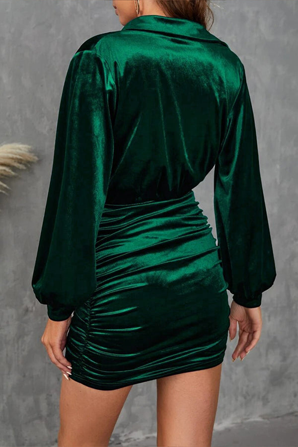 Elegant Velvet Long-sleeved Pleated Slim-fit Mini Dress-consonak